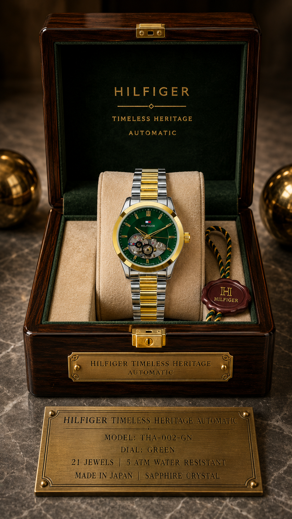 Tommy Hilfiger Men’s Automatic Skeleton Watch Stainless Steel Gold Green & Silver Color Mechanical Wrist Watch