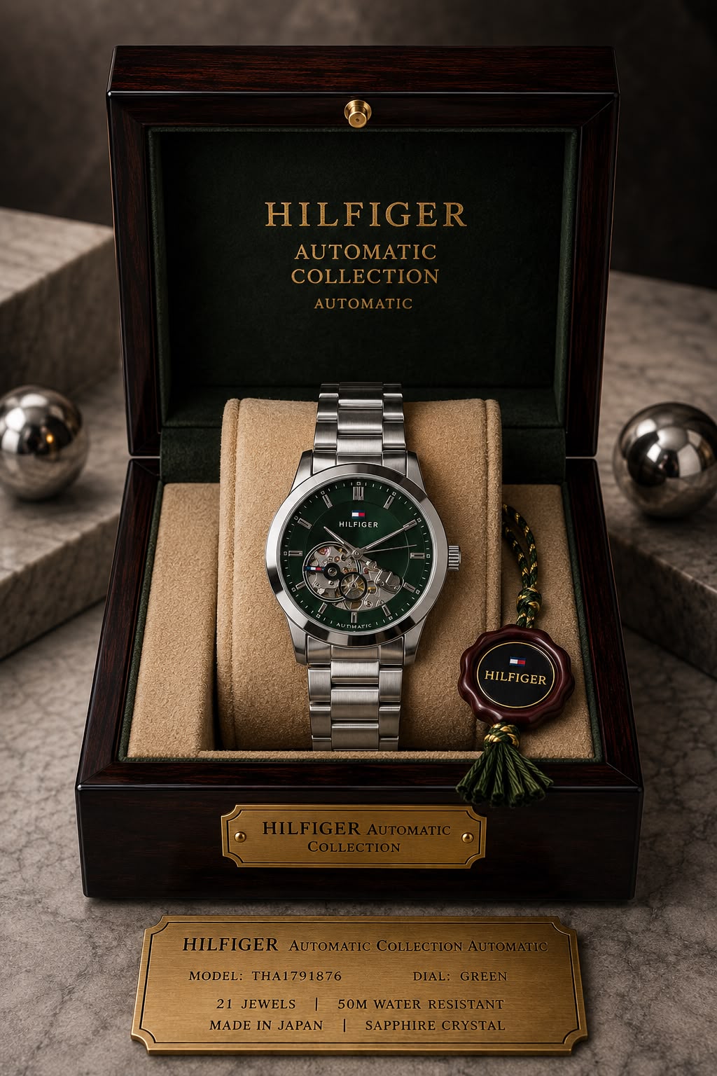 Tommy Hilfiger Men’s Automatic Skeleton Watch Stainless Steel Green silver Color Mechanical Wrist Watch