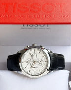 Tissot Chronograph Silver Bezel Black Leather Strap Watch For Men