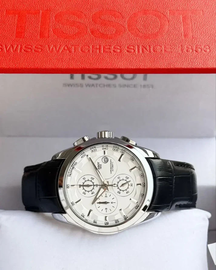 Tissot Chronograph Silver Bezel Black Leather Strap Watch For Men