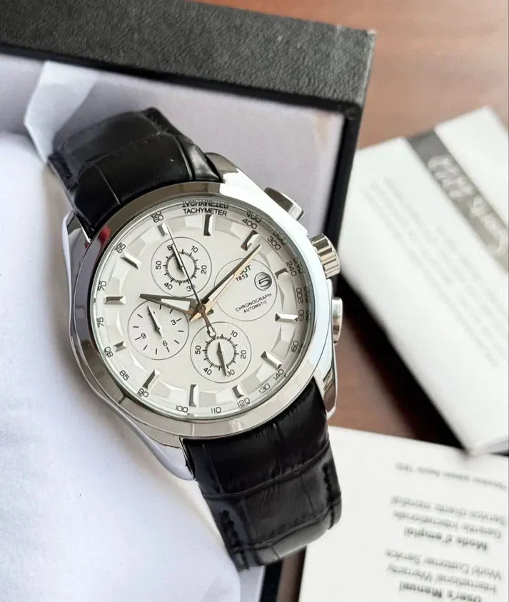 Tissot Chronograph Silver Bezel Black Leather Strap Watch For Men