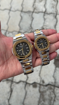 Patek Philippe Black Dial Two-Tone Gold Stainless Steel Nautilus Couple Watch